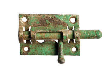 Old latch lock on a white background. An old rusty bolt is spindle.