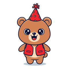 Obraz premium Cartoon Brown Bear Wearing a Red Party Hat and Vest Illustration.
