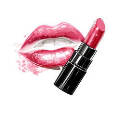 Glamorous pink lips and lipstick. Beauty and makeup concept.