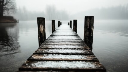 Fototapeta premium A tranquil wooden dock emerges into a serene landscape, enveloped by fog, reflecting calmness and solitude, creating a perfect escape into nature's peaceful embrace.