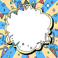 手書きの曲線フレームとデコレーション、ポップな背景フレーム、サンバースト、ガーランド、紙吹雪、コミック風、クラッカー、正方形サイズ