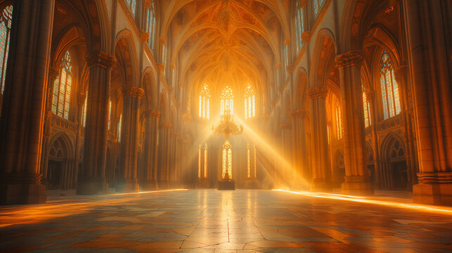 Golden sunlight beams through grand gothic cathedral. Majestic arches, stained glass, and sacred ambiance. Ideal for religion, history, or fantasy visuals. - Powered by Adobe