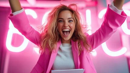 A joyful woman in a vibrant pink suit exuberantly raises her hands in celebration, signifying victory and exuberance within a lively and stylish urban setting.