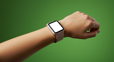Woman's wrist with smart watch blank screen on green background