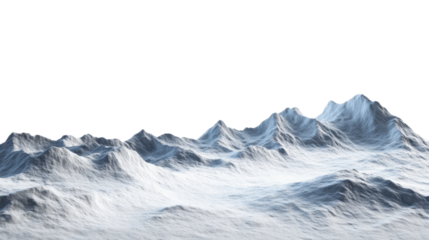Scenic mountain landscape covered with snow and clear sky isolated on white background