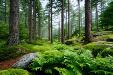 Obraz premium Lush green ferns growing in a peaceful coniferous forest