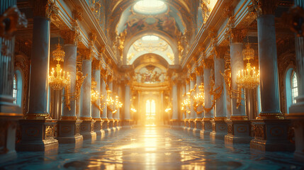 Obraz premium Golden sunlight streaming through grand palace hallway. Ornate chandeliers, marble columns, and royal decor. Perfect for luxury, history, or fantasy settings.