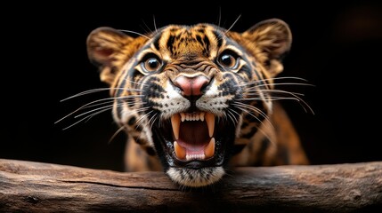 A close-up of a ferocious tiger captured mid-roar, showcasing its raw power and fierce beauty in a striking, dramatic portrait that commands attention and respect.