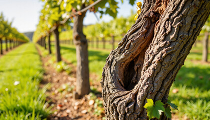 Gnarled old vine trunk in historic vineyard, nature's resilience