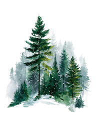 Obraz premium Watercolor Winter Forest Scene with Falling Snow, PNG