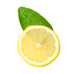 Front view of ripe yellow lemon fruit or slice in circle shape with green leaf isolated with...