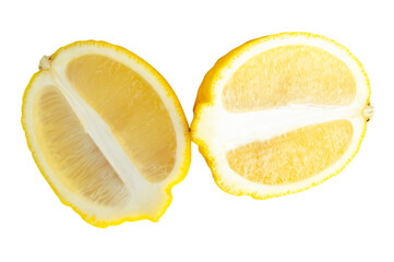 Front view of ripe yellow lemon fruit in two halves in oval or ellipses in vertical stack isolated...