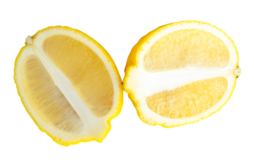 Front view of ripe yellow lemon fruit in two halves in oval or ellipses in vertical stack isolated with clipping path in png file format