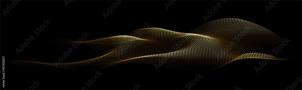 Poster Flowing dots particles wave pattern 3D curve halftone gold gradient curve shape isolated on black background. Vector in concept of technology, science, music, modern, luxury