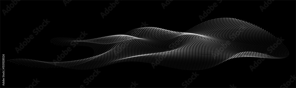 Aufkleber Flowing dots particles wave pattern 3D curve halftone white grey gradient curve shape isolated on black background. Vector in concept of technology, science, music, modern.