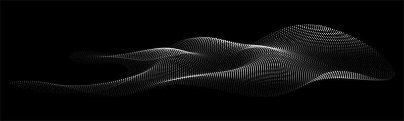 Flowing dots particles wave pattern 3D curve halftone white grey gradient curve shape isolated on black background. Vector in concept of technology, science, music, modern.