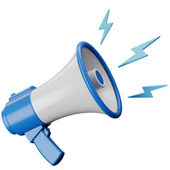 Modern 3d illustration of a blue and white megaphone emitting bright blue lightning bolts isolated on transparent background