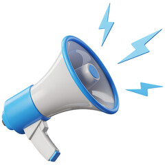 Modern 3d illustration of a blue and white megaphone with blue lightning bolts emanating from the speaker isolated on transparent background