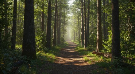 Obraz premium Sunlit Path Through a Misty Forest