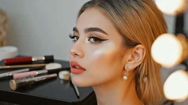 Young woman with professional makeup on face