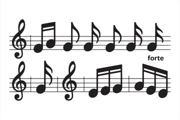 Black Music Note and Treble Clef Icon Vector Set