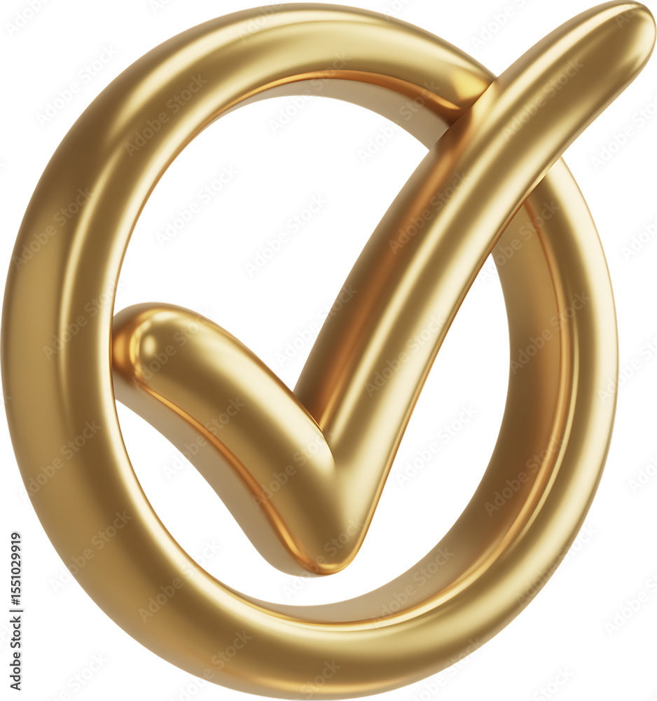 Poster shiny golden check mark inside a circular border representing success and approval isolated on trans