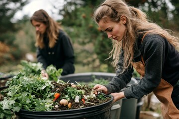 People placing food waste in compost bins at home, contributing to environmental sustainability by reducing pollution, Generative AI