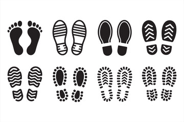 Collection of black footprint vector icons showing barefoot, shoe, boot, and sneaker prints for signage, navigation, or outdoor-themed graphics