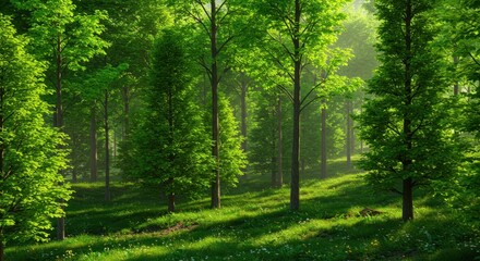 Obraz premium Enchanted Green Forest: A Tranquil Spring Morning