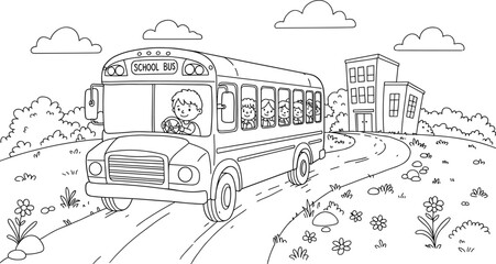 Black and white school bus coloring page with children, cartoon educational drawing, printable kids worksheet, back to school art for fun learning activity