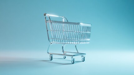 Minimalist chrome shopping cart isolated on smooth blue background with studio lighting ideal for retail marketing campaigns, e-commerce product mockups and consumer behavior analysis