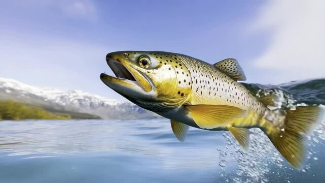 Vibrant outdoor water sport scene featuring large fish jumping out of water near scenic mountains and clear sky, showcasing aquatic wildlife, nature beauty, and outdoor adventure with dynamic motion
