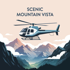 Fototapeta premium A Blue and White Helicopter Soaring Above a Scenic Mountain Vista with a Valley and Lush Green Forest Below Pastel Sky