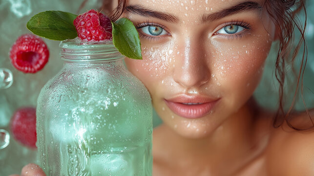A close-up portrait featuring a young woman with water droplets, holding a jar containing water, raspberries, and leaves. The image conveys a refreshing and healthy lifestyle concept.

