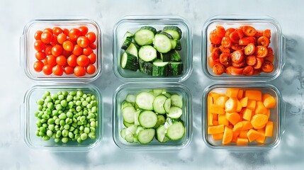 Colorful Vegetable Meal Prep in Glass Containers on Plain Background