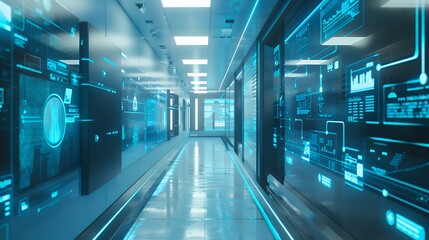 Futuristic Data Center Corridor with Digital Overlays