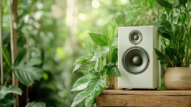 A sleek white speaker integrated beautifully within green plants, creating a harmonious blend of technology and nature in a tranquil indoor setting.