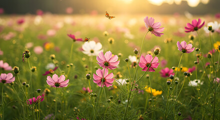 Obraz premium Nature Field Cosmos Flowers Golden Light Butterflies Sunset Meadow Bloom