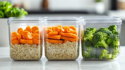 Healthy Meal Prep with Quinoa, Steamed Carrots, and Broccoli in Clear Containers
