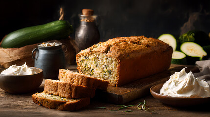 Freshly baked zucchini bread is placed on the table with slices and some cream cheese on the side. Delicious looking zucchini bread. AI generated images.