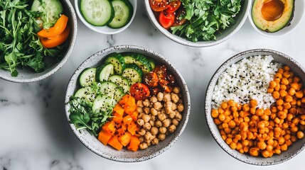 Healthy Chickpea Salad Bowls with Fresh Vegetables and Rice on Marble Background
