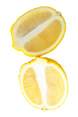 Front view of ripe yellow lemon fruit in two halves in oval or ellipses in vertical stack isolated...