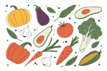 Hand drawn colorful vegetables and salad. Modern abstract minimal style. Healthy organic food. Tomatoes, onion, zucchini, eggplant, leek, potatoes, corn, peppers, beet. Vector flat illustration. 
