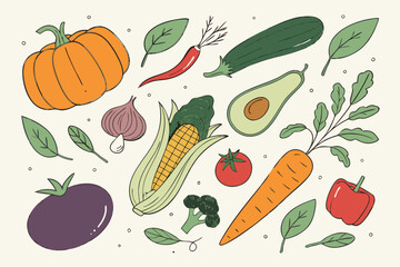 Hand drawn colorful vegetables and salad. Modern abstract minimal style. Healthy organic food. Tomatoes, onion, zucchini, eggplant, leek, potatoes, corn, peppers, beet. Vector flat illustration. 
