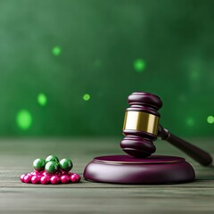 Purple Gavel and Pink Green Pills on Wooden Table Against Dark Green Background