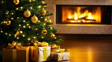 Festive Christmas tree with golden ornaments and twinkling lights, gifts by the fireplace, warm holiday spirit