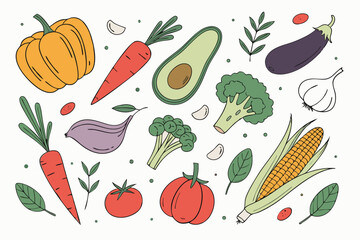 Hand drawn colorful vegetables and salad. Modern abstract minimal style. Healthy organic food. Tomatoes, onion, zucchini, eggplant, leek, potatoes, corn, peppers, beet. Vector flat illustration. 