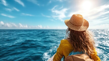 A woman with curly hair, wearing a straw hat, gazes at the serene ocean waters under a bright sky, representing freedom, adventure, and tranquility in nature.
