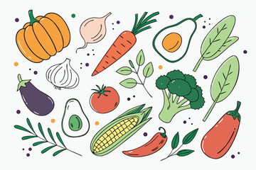 Hand drawn colorful vegetables and salad. Modern abstract minimal style. Healthy organic food. Tomatoes, onion, zucchini, eggplant, leek, potatoes, corn, peppers, beet. Vector flat illustration. 