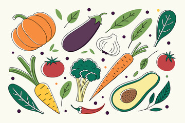 Hand drawn colorful vegetables and salad. Modern abstract minimal style. Healthy organic food. Tomatoes, onion, zucchini, eggplant, leek, potatoes, corn, peppers, beet. Vector flat illustration. 